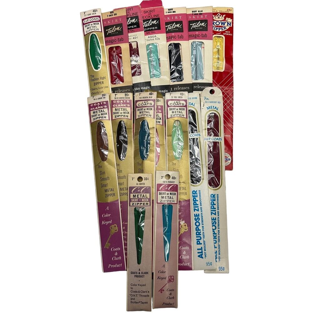 Vintage 7" Skirt/Neckline Metal Zippers Talon, Coats & Clark Lot of 16 NOSIP‎
